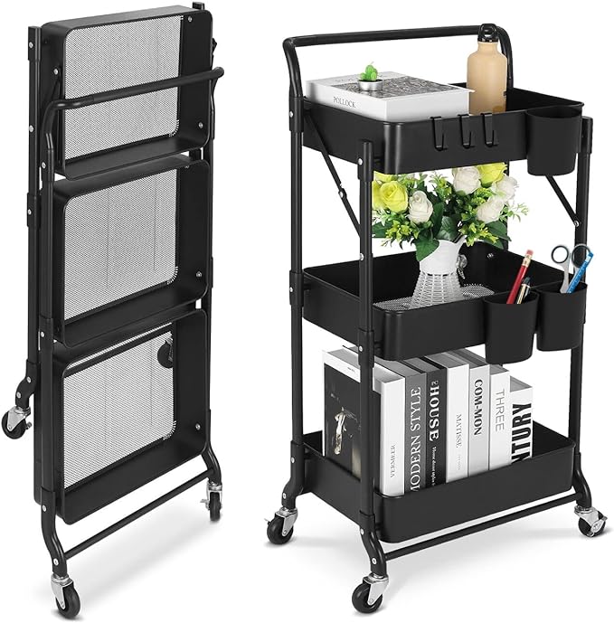 Foldable 3 Tier Metal Utility Rolling Cart, Folding Mobile Multi-Function Storage Trolley Organizer Cart for Home Library Office(Black)