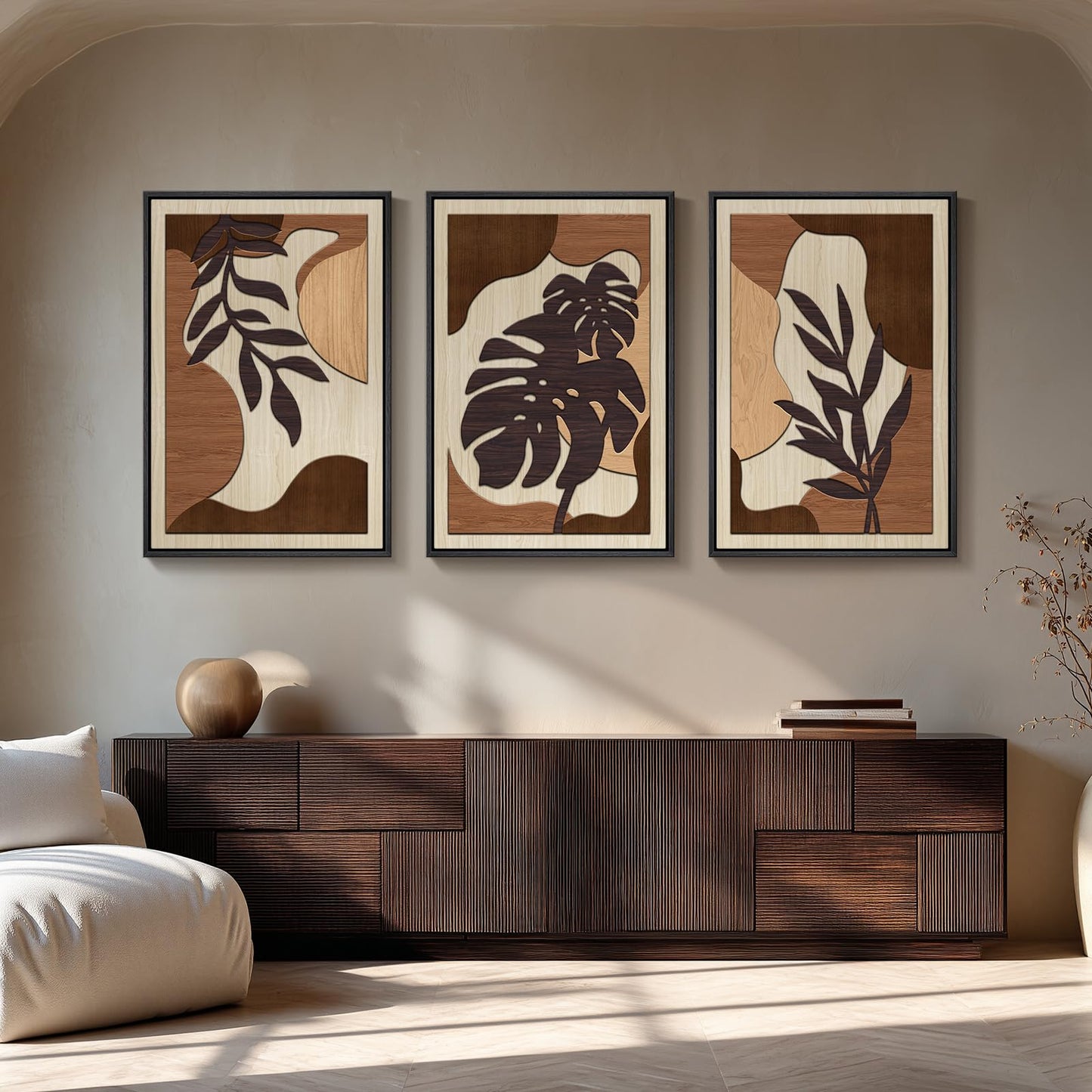 Framed Textured Wood 3D Wall Art for Living Room, Large Boho Tropical Brown Artwork for Walls, 3 Piece Farmhouse Botanical Leaf Wood 3D Textured Wall Art Decor for Office Bedroom Hallway, 24x36 Inch