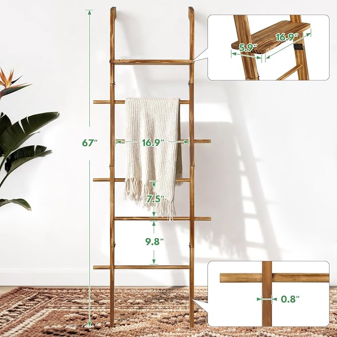 67" Wooden Blanket Ladder with Shelf and Hooks, 6-Tier Blanket Ladder for Living Room, Wall-Leaning Towel Ladder and Quilt Rack Storage, Farmhouse Decor Ladder for Display