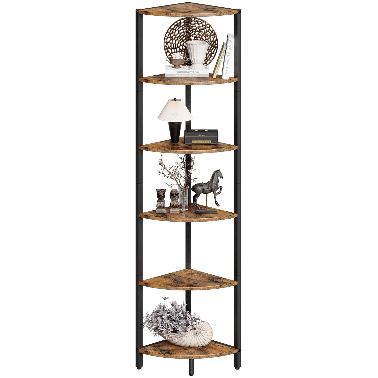 6 Tier Corner Shelf 63.1" Tall Corner Shelves stand Ladder shelf metal Standing Bookshelf Organizer Display Rack Bookcase Plant Stand Industrial style for Living Room Bedroom rustic Brown CS-001RB