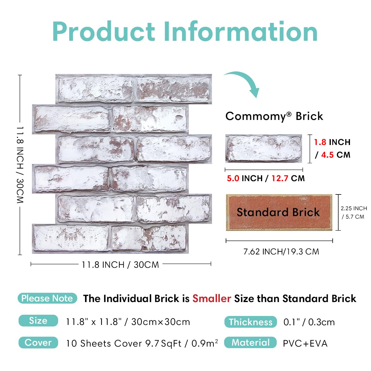Commomy 10 Pcs 3D Faux Brick Wall Panels -11.8"X11.8" Small Size PVC Grey Whitewash Brick Peel and Stick Tiles Backsplash DIY Brick Wallpaper Wall Tile for Bedroom, Kitchen, Fireplace,RV