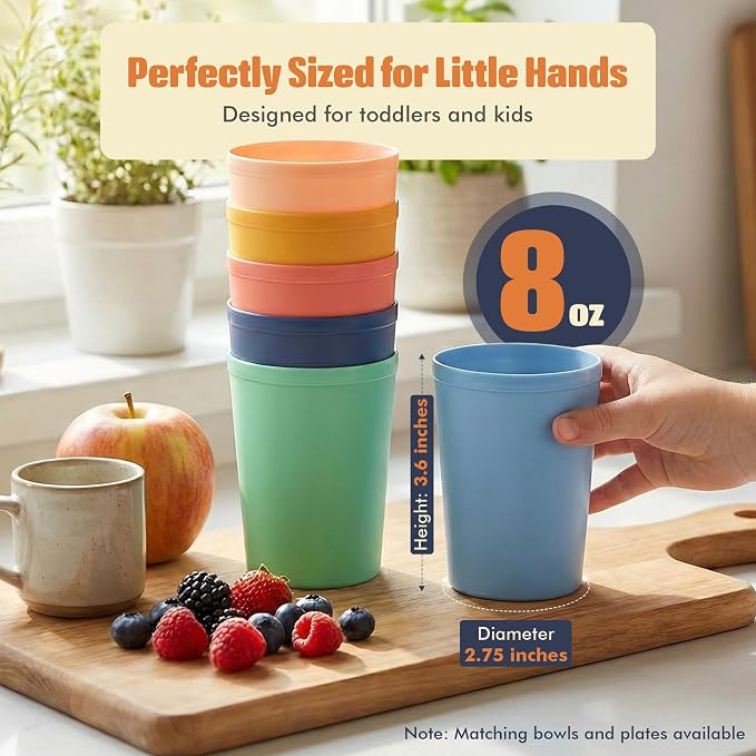 MASTERCOOK 6 Pcs. Small Reusable Cups –8 oz Unbreakable Drinking Glasses -Toddler Cups for Water, Juice, Milk–BPA Free Stackable Tumblers Plastic Cup set for Kitchen, Picnics, Parties- Kid-Friendly