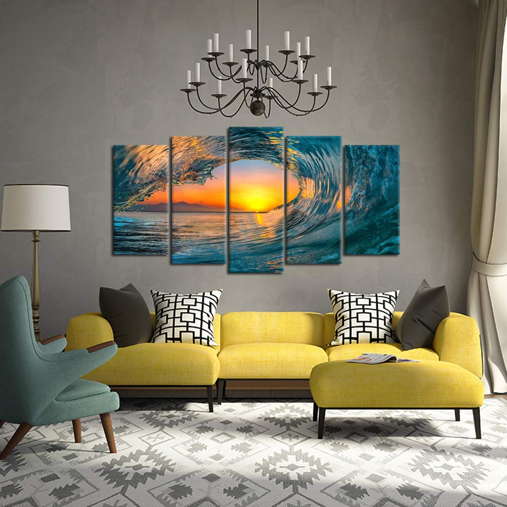KREATIVE ARTS Large 5 Piece Sea Waves Wall Art Modern Framed Giclee Canvas Prints Seascape Artwork Ocean Beach Pictures Paintings on Canvas for Living Room Home Office Decor (Large Size 60x32inch)
