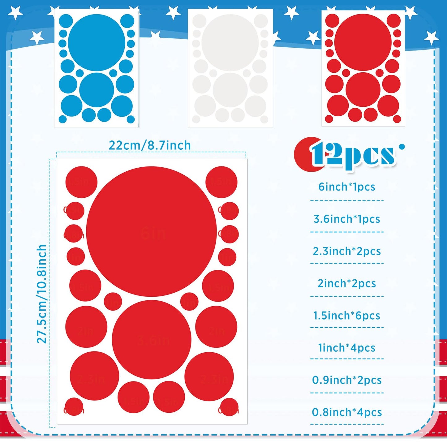 Zonon 264 Pcs Polka Dot Wall Decals for 4th of July Red White and Blue Wall Stickers Patriotic Window Clings Independence Day Decor Vinyl Peel and Stick for Veterans Memorial Day Bedroom Living Room