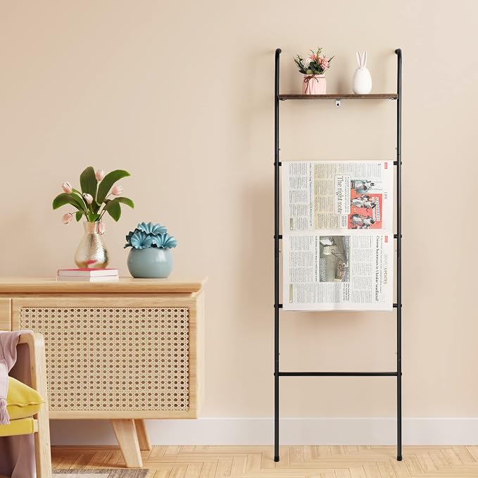 Vrisa Blanket Ladder Wall Leaning Blanket Rack Farmhouse 5-Tier Metal Blanket Holder with Shelf Bath Towel Storage for Bathroom Quilt Bedroom Living Room Pool Black