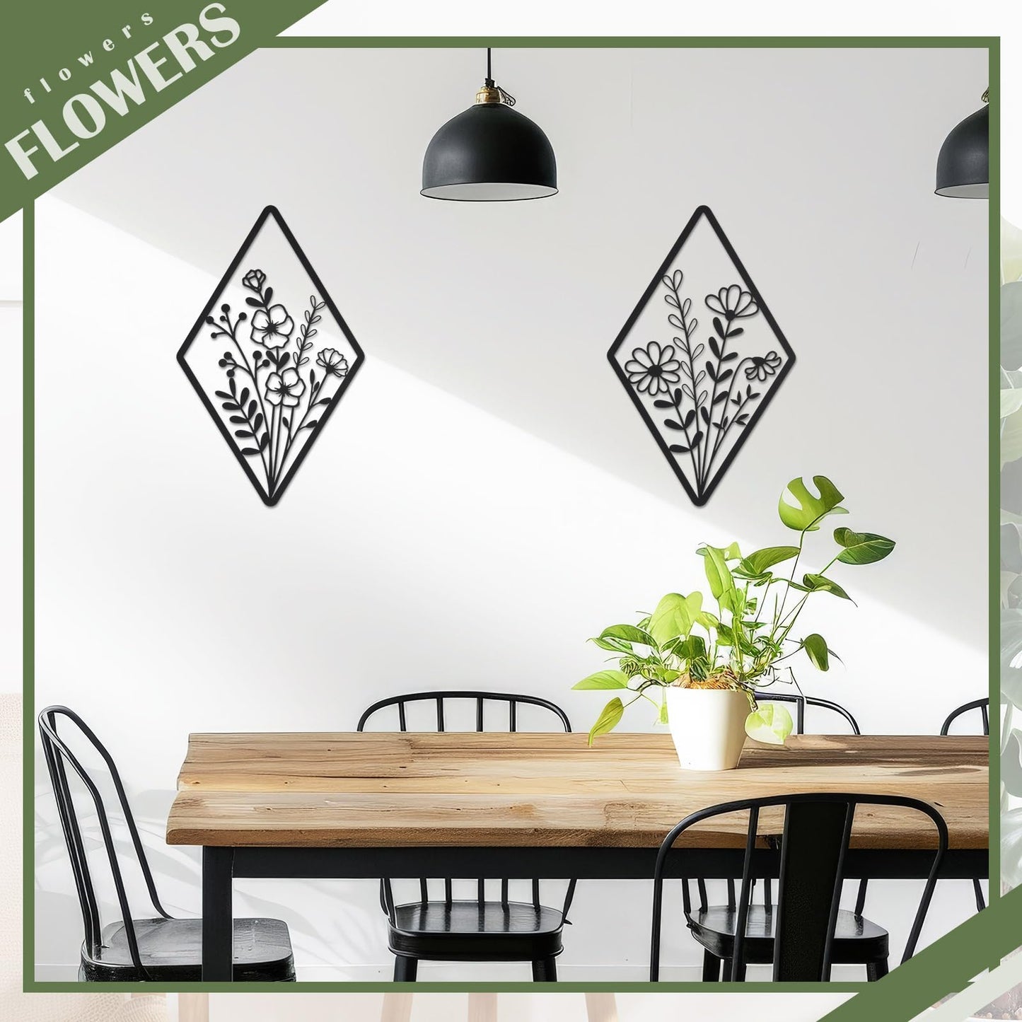 PullCrease 2 Pcs Metal Wall Art, Metal Flower Wall Decor, Modern Floral Art for Living Room, Bedroom, Bathroom, Rustic Farmhouse Decor, Sculpture Kitchen Decoration (Black)