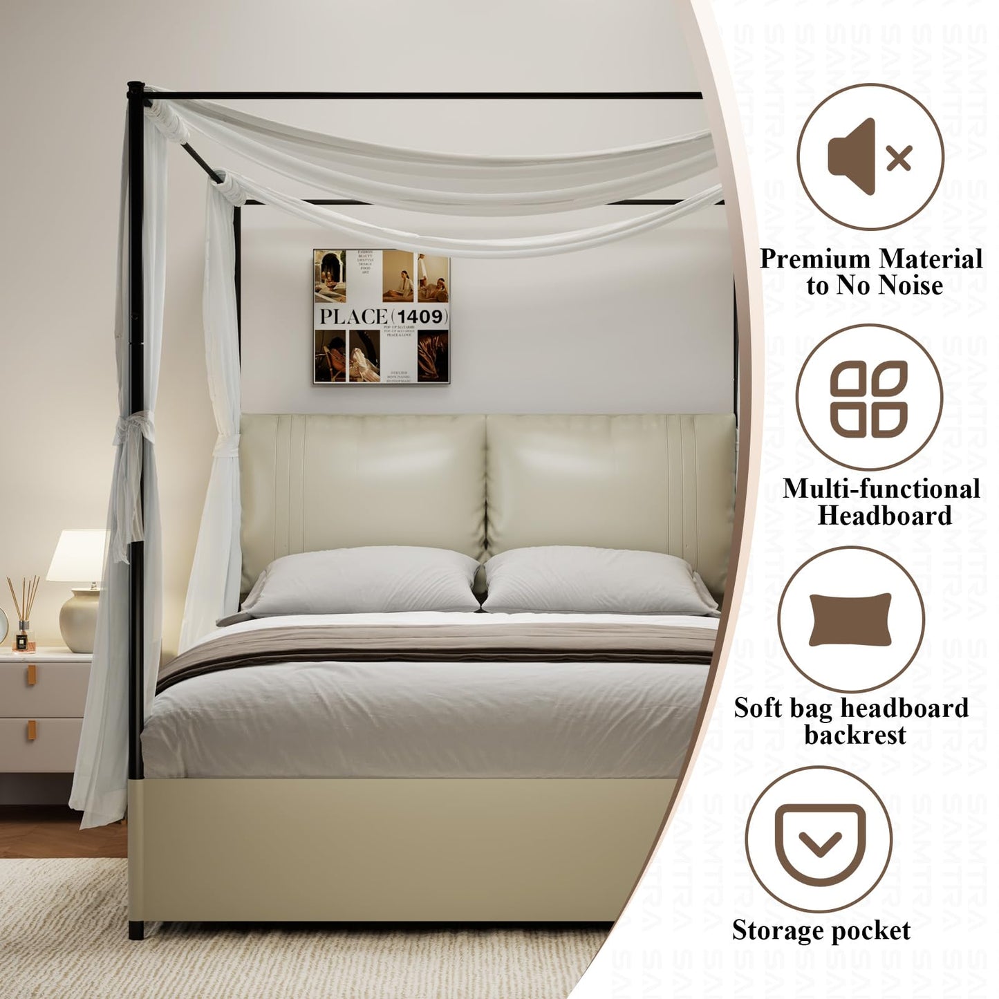 SAMTRA Modern Canopy Bed Frame with Upholstered Faux Leather Headboard – Tall Four Poster Metal Platform Bed, No Box Spring Needed, King Size, Rustic White