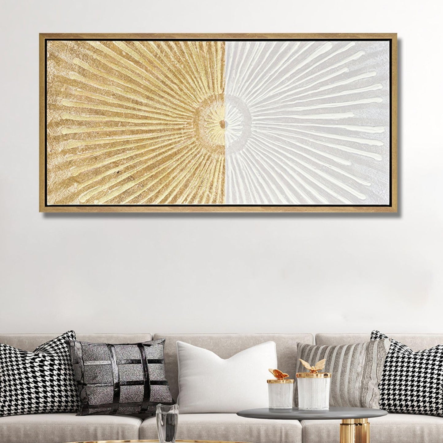 20"x40" Framed Canvas White and Gold Wall Art Symmetrical Line Abstract Modern Wall Decor Art for Living Room Bedroom Bathroom Office Wall Decor