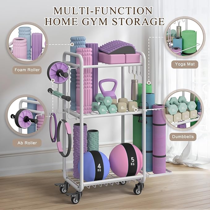Multi-Functional Home Gym Storage Rack - Yoga Mat Storage Rack, Dumbbell Weight Rack & Workout Equipment Storage with Heavy-Duty Steel Construction for Gym Fitness Organizer