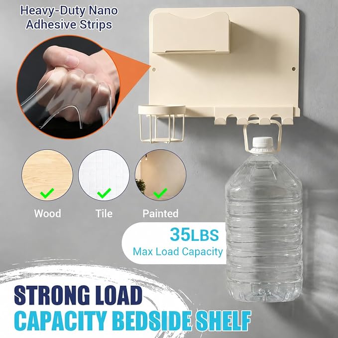 Metal Bedside Wall Shelf, Bedside Floating Shelf Wall Organizer with Detachable Cup Holder, No Drill Wall Mount for Bedroom, Dorm Room Decor, Nightstand Alternative, Bunk Bed Accessories, RV Storage