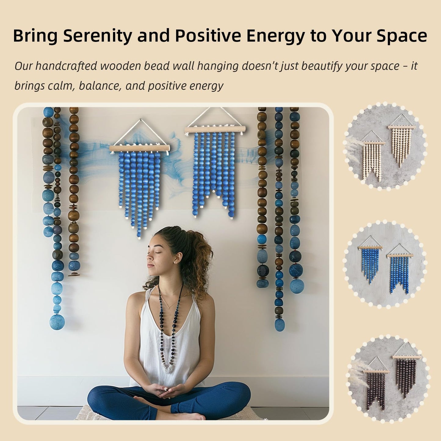 Wood Beads Small Tapestry 2 Pieces Blue Boho Wall Decor Art Western Rustic Hanging Macrame Decoration for Kids Girl Boy Room Nursery Bedroom Living Room Dorm Shelves Entryway