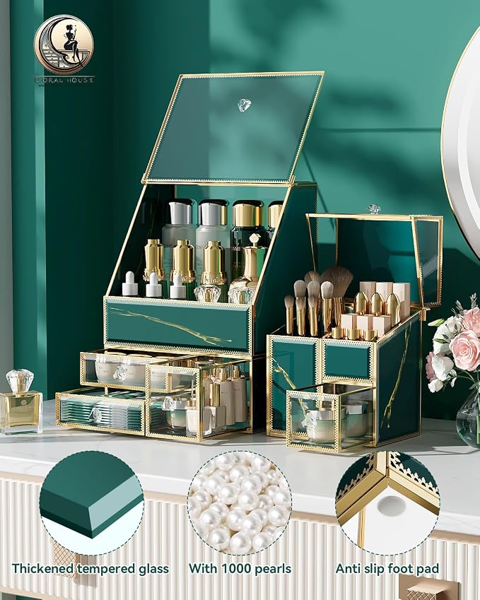 CoralHouse Vintage Green Glass Makeup Organizer with Lid, 3-Piece Vanity Organizer with Gold Frame, Cosmetic Display Case for Skincare, Perfume, Lipsticks, Brushes, Bathroom Countertop & Dresser