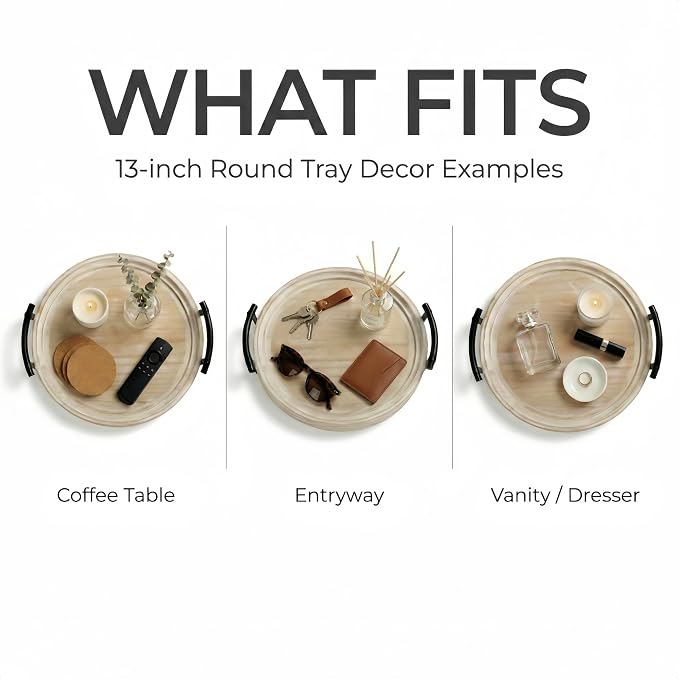 13" Round Decorative Wood Tray with Handles, Whitewashed Farmhouse Coffee Table Decor for Living Room, Entryway & Kitchen Island, Includes Bead Garland, Giftable Home Decor