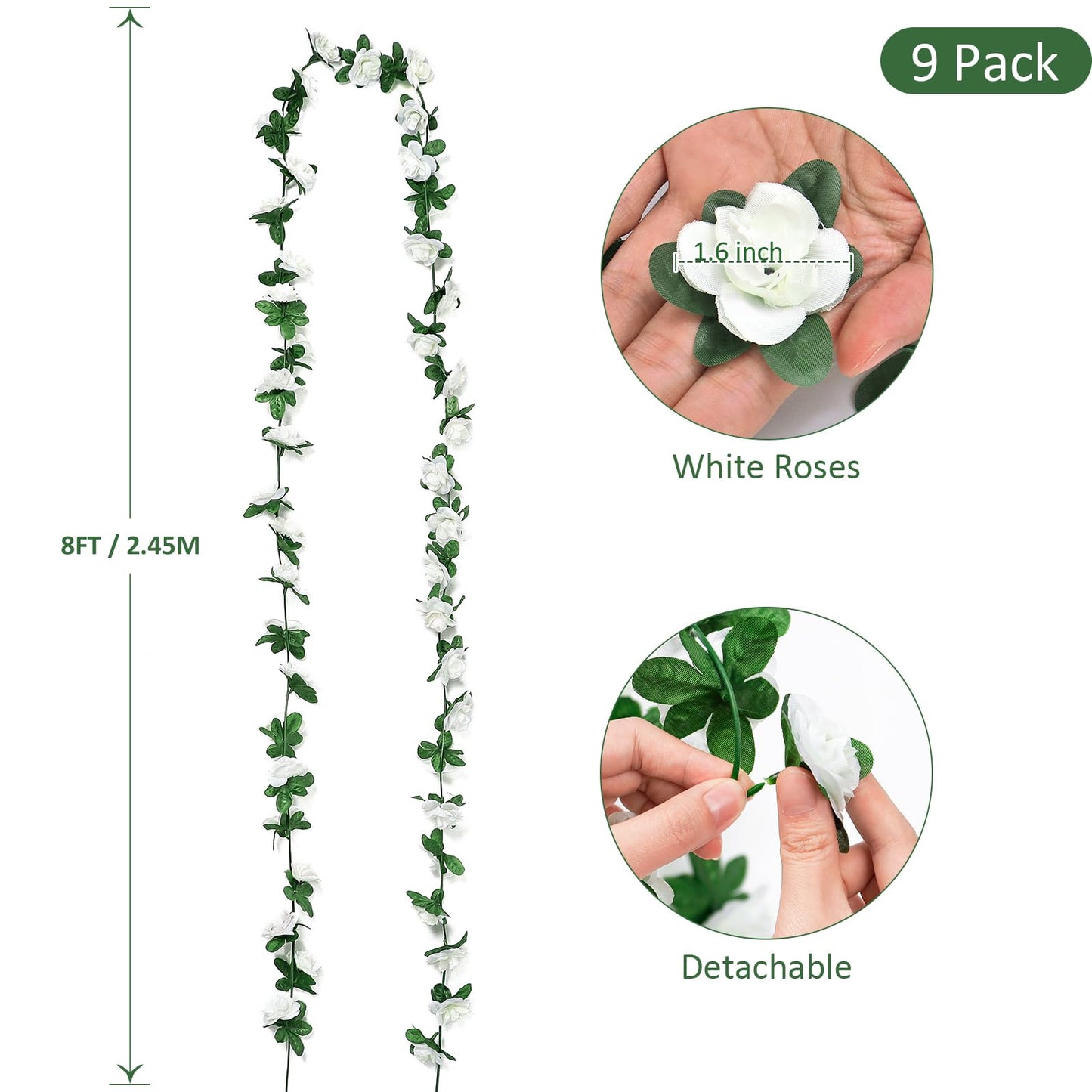 KHOYIME 9 Pack 72 FT Artificial Flower Garland, Fake White Roses Vines Silk Flowers Faux Plastic Outdoor Hanging Floral Ivy Garland Decoration for Wedding Arch Bedroom Home Wall Backdrop Room Decor