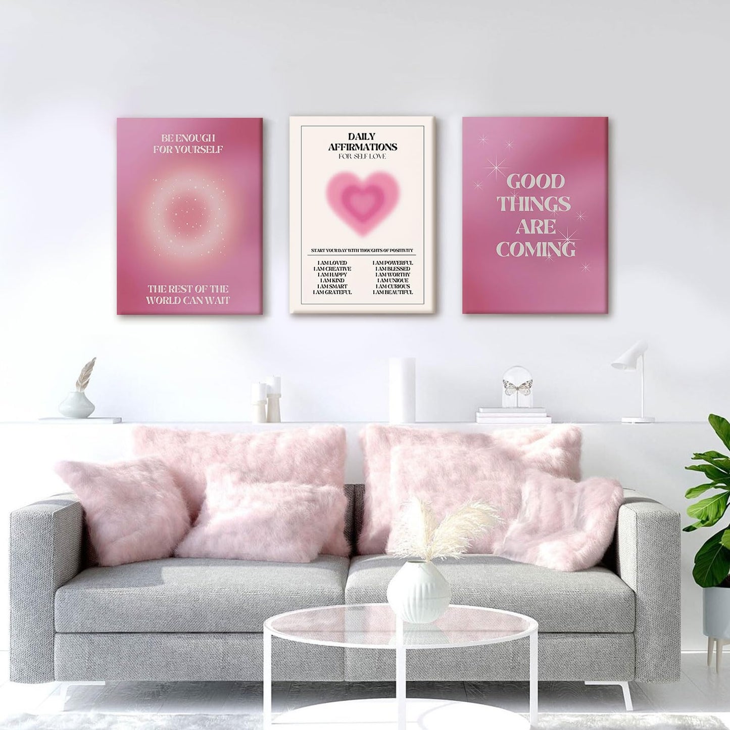NCCXNCC 3-Pcs Pink Angel Digital Canvas Wall Art Daily Affirmations Wall Decor Painting Gradient Halo Artwork Aesthetic Poster Print Suitable for Apartments, Dormitories, Girls' Bedrooms 12x16 inch