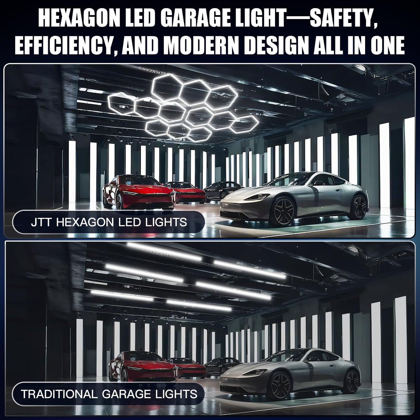 JTT Hexagon Garage Lights,16Pack 128W LED Garage Hexagon Lights,3 Grids 6500K Super Bright Car Detailing Ceiling LED Shop Light for Warehouse Workshop Gym Exhibition Hall Basement Car Care