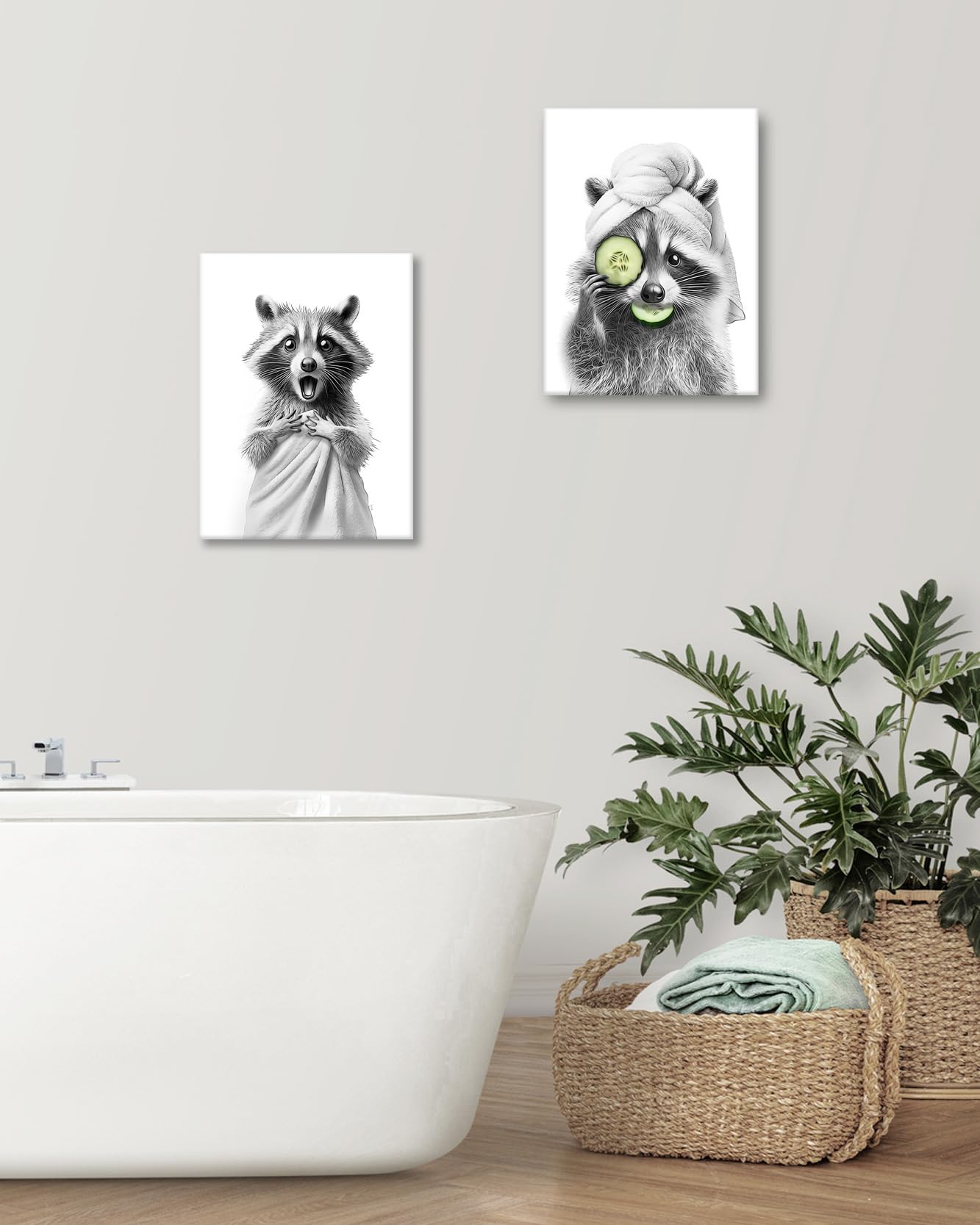 HesenDot Raccoon in Towel Framed Wall Art,12x16in Funny Animal Bathroom Canvas Print, Black and White Raccoon Poster,Cute Racoon Picture Wall Decor for Bathroom Kid Room Bedroom Nursery Home, 1 Pack