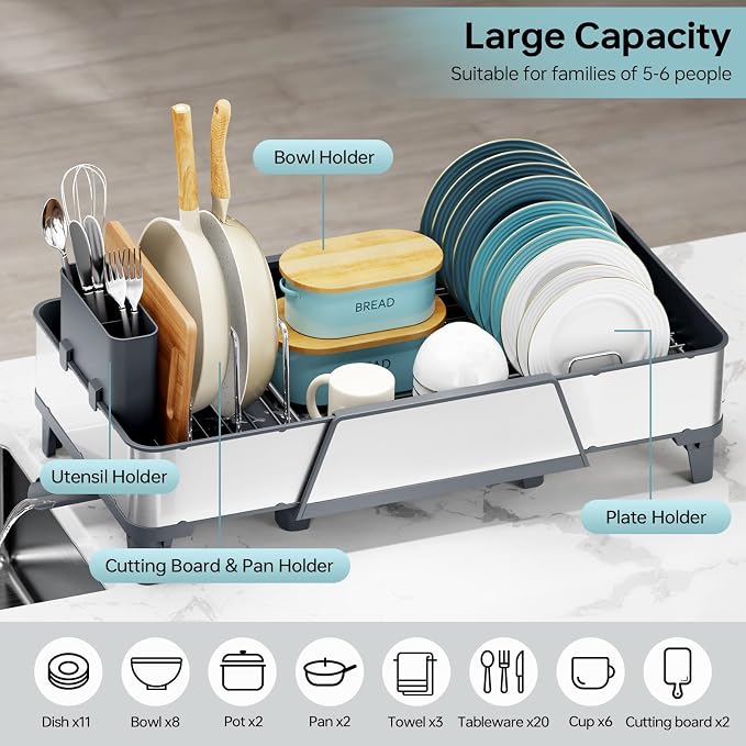 Urackify Large Dish Drying Rack - Triple Expandable Dish Rack for Kitchen Counter, Stainless Steel Sink Organization and Storage Essentials with Utensil & Pans Holder for Home and Appartment, Gray