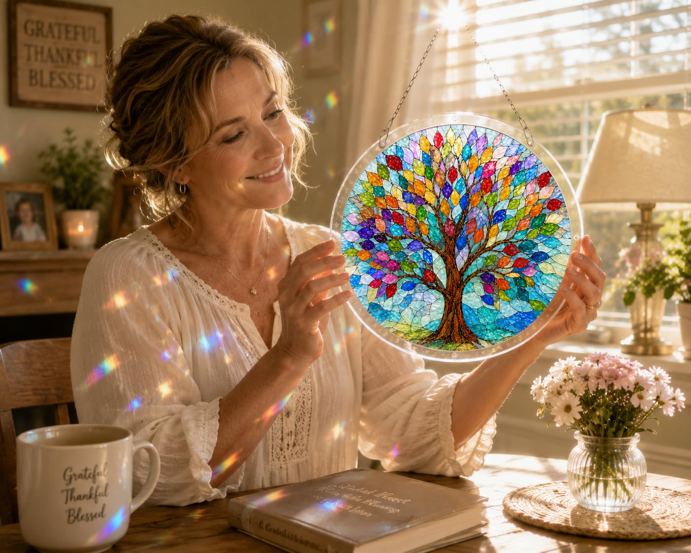 Stained Glass Tree of Life Suncatcher - Acrylic Jigsaw Puzzle Kit for Adults - Window Hanging Decor with 11 Unique Blessing Pieces - Rainbow Maker Memorial Gifts, Garden Art (9in)