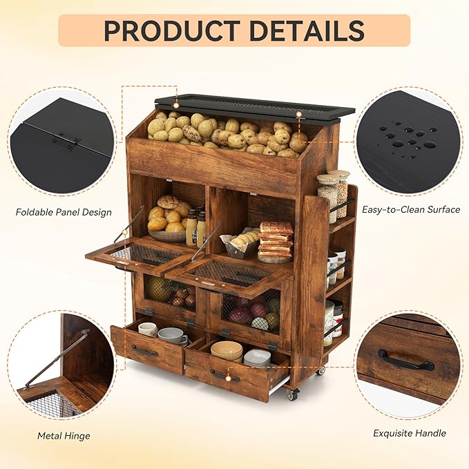 Verano Garden Large Potato and Onion Storage Bin on Wheels, Wood Bread Box w/Lid & Mesh Doors, 4-Tier Rolling Fruit and Vegetable Storage Organizer w/Grocery Section & Side Rack