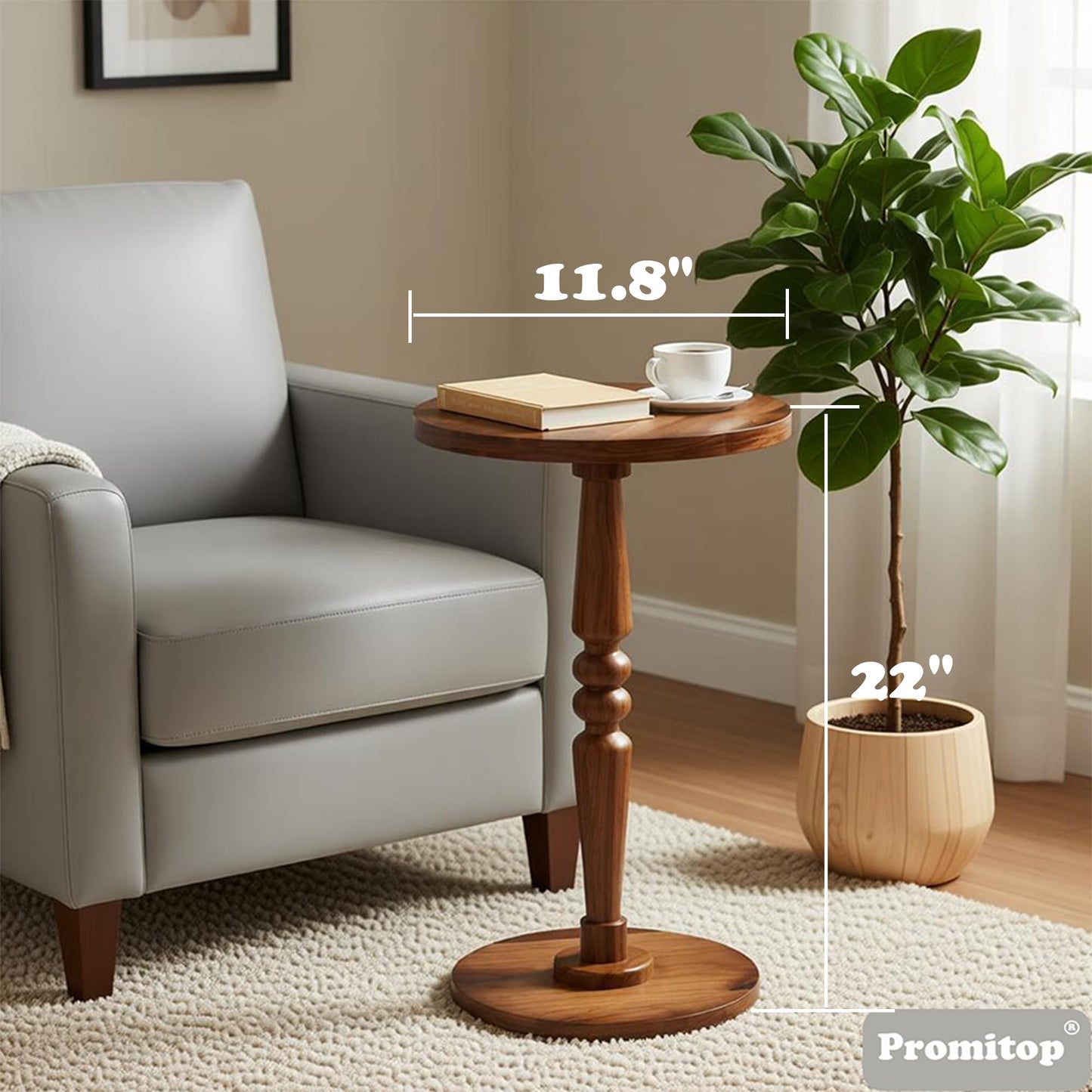promitop Small Wooden Round Side Table - Accent Nightstand Pedestal Table for Living Room, Bedroom - Compact Coffee Table, Tea Table, Drink Table, End Table for Small Spaces, Corners, Office