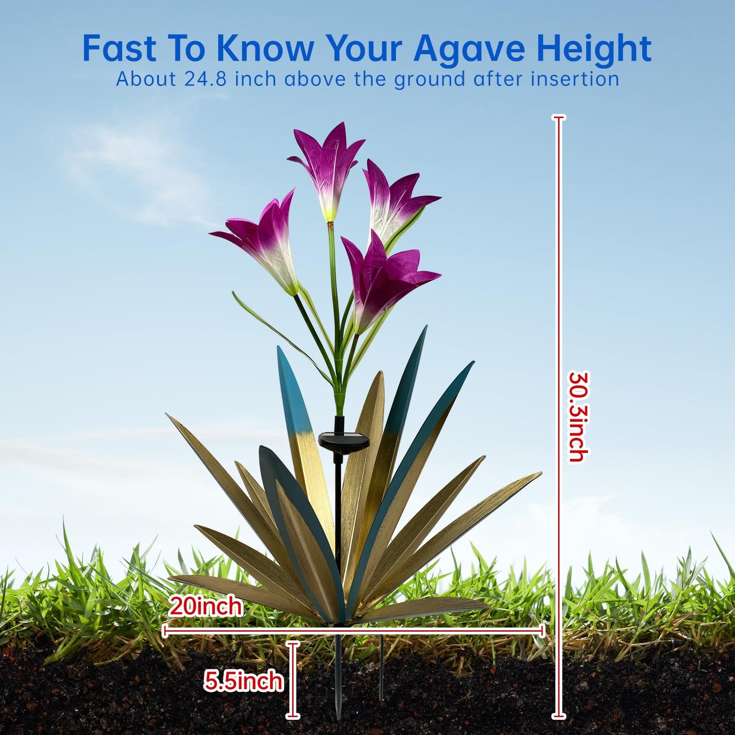 Homight Solar Metal Agave Lily Flower Garden Sculpture with LED Lights 30.3 Inch Waterproof Outdoor/Indoor Yard Decor Handmade Lawn Ornament Gift for Family Friends (3, Blue)