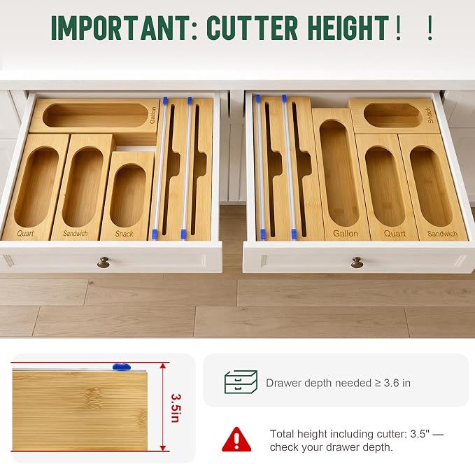 Individual Storage Bag Organizer for Kitchen Drawer, Bamboo with Foil and Plastic Wrap Organizer for Kitchen Organizers and Storage, for Gallon, Quart, Sandwich, Snack