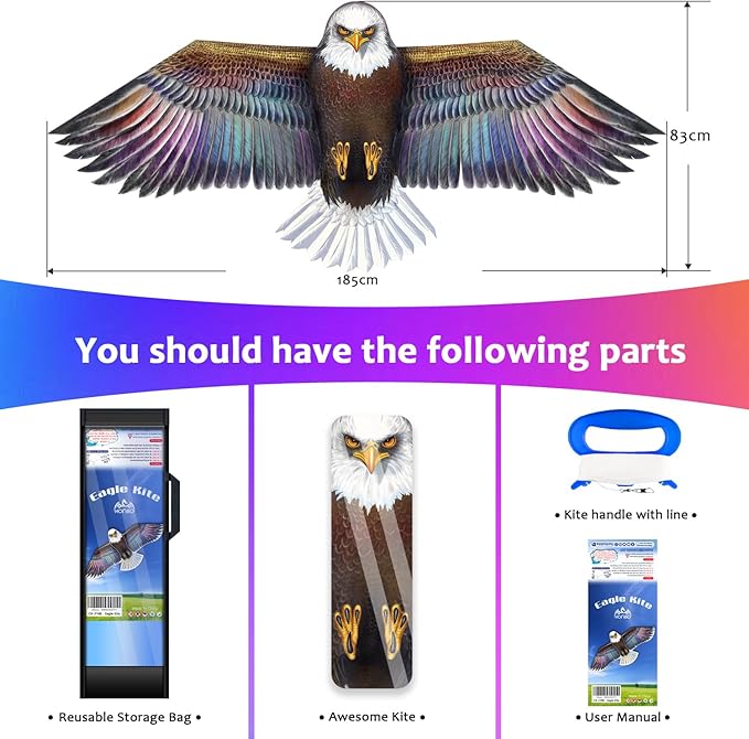 HONBO Eagle Kites for Adults and Kids,Easy to Fly for Beach Trip, Outdoor Activities-Wingspan 73”-200ft Line with Swivel-Bonus Durable Polyester Bag
