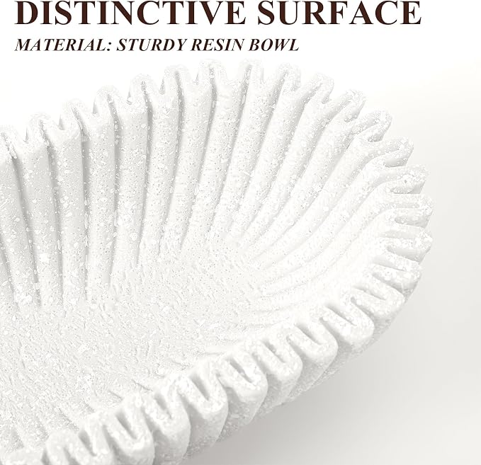 Large Decorative Bowl for Home Decor Long Dough Key Bowls Coffee Table Decor Centerpiece White Ruffle Scalloped Resin Modern Handicraft Bowl for Kitchen Counter Farmhouse Entryway