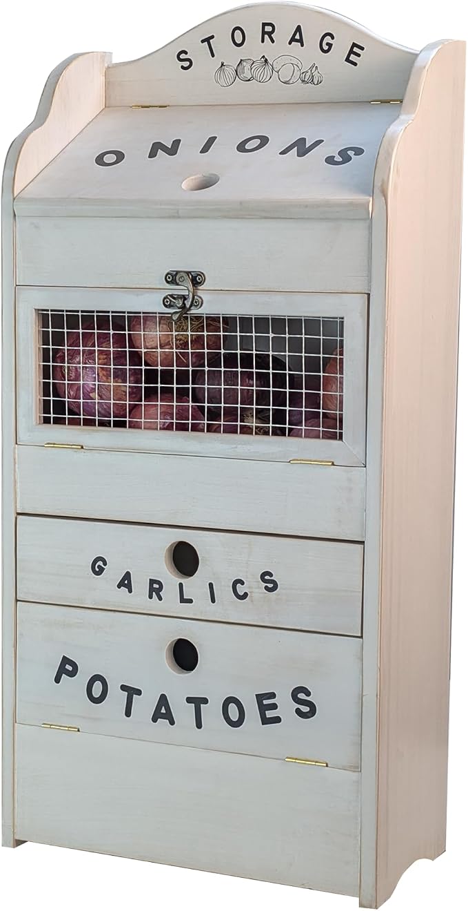 ARTAWEIN Pine Wood Veggie Bin for Potato, Onion and 1 Garlic Drawer Vegetable Box for Kitchen Storage, Solid Wood Vegetable Bin 13.77" L X 7.1" W X 29.3" H (Rustic White)