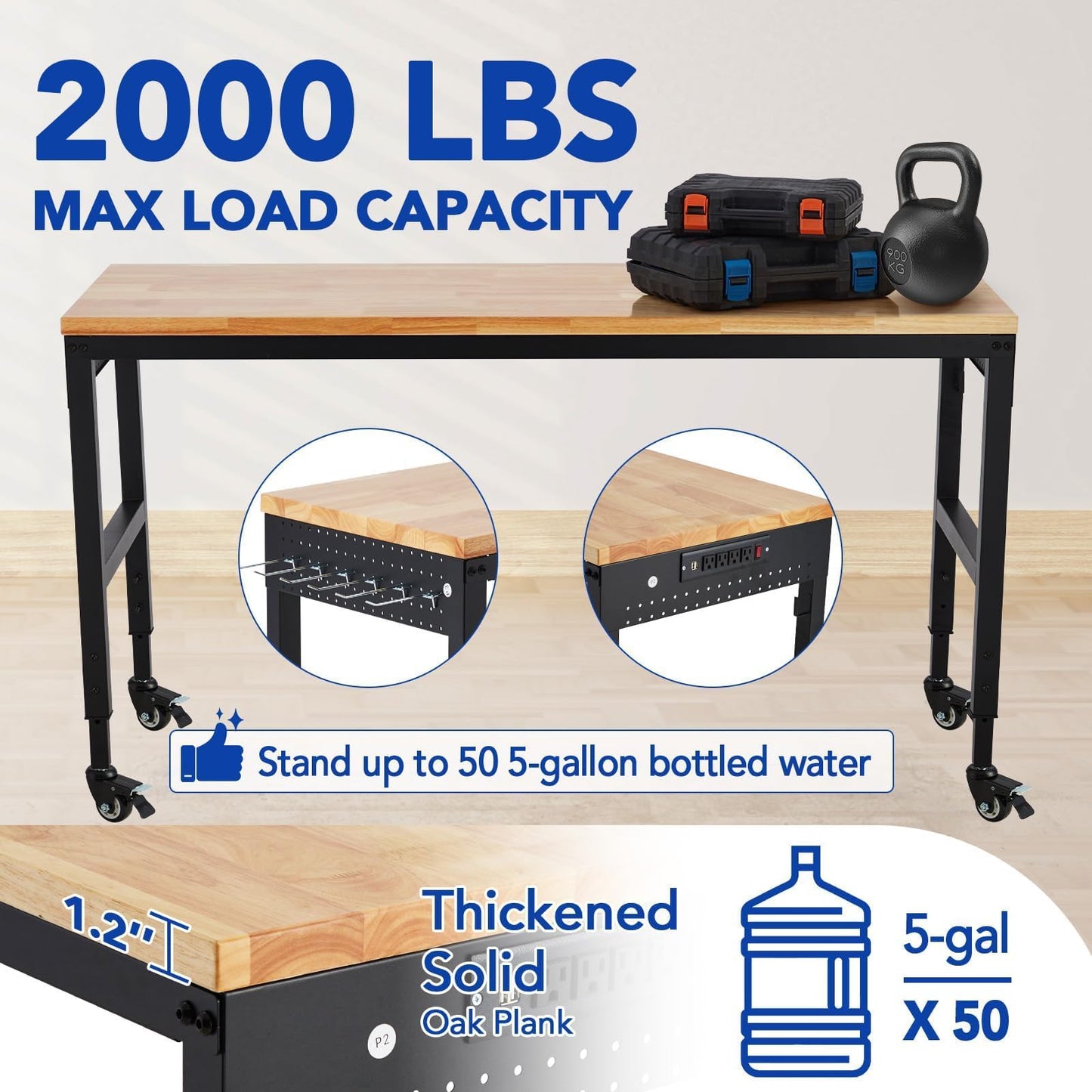 GAOMON 72"x25" Workbench, Heavy-Duty Garage Work Table, Heavy-Duty Table with Power Outlets, Rubber Wood Top, Adjustable Height 29.5"-38.4" for Workshop, Home, Office - 2000 Lbs Capacity