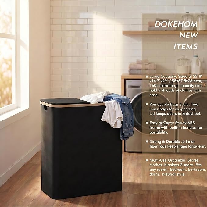 DOKEHOM 160L Extra Large Laundry Hamper with Lid, 2-Section Double Laundry Basket with Removable Mesh Liner Bags, Collapsible Clothes Sorter for Family, Bedroom, Laundry Room, Black