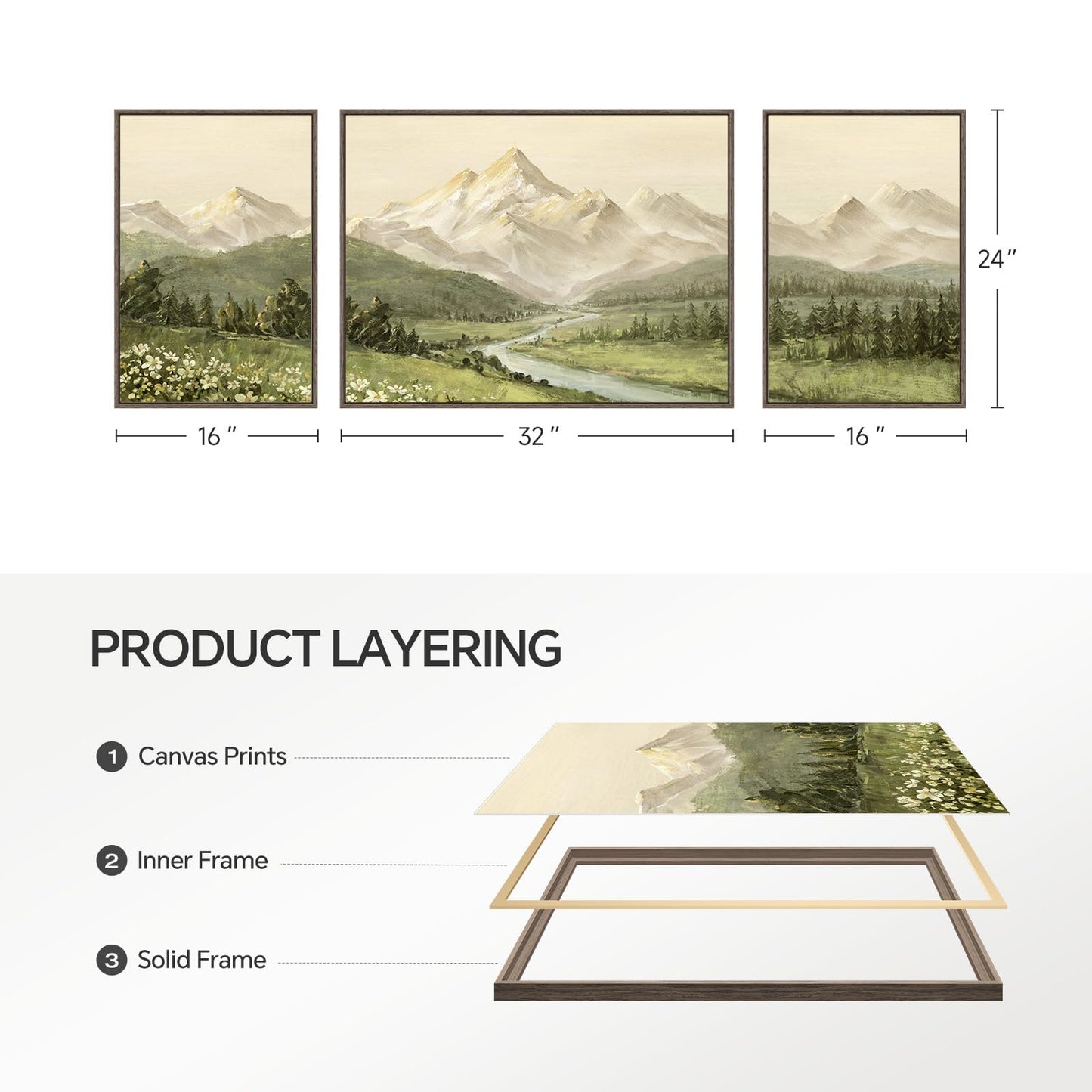 Large Framed Mountain Wall Art for Living Room, 3 Piece Modern Green Landscape Canvas Artworks, Forest River Nature Scenery Painting Prints for Bedroom Entryway Hallway Home Office Wall Decor
