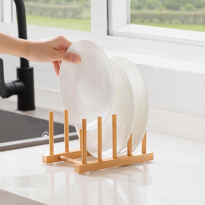 Bamboo Dish Drying Rack for Kitchen Counter and Cabinet, Dish/Book/Plate/Bowl/Cup/Cutting Board/Pot Lid Organizer for Kitchen, Living Room, Study, Display Cabinet (4 Slots)
