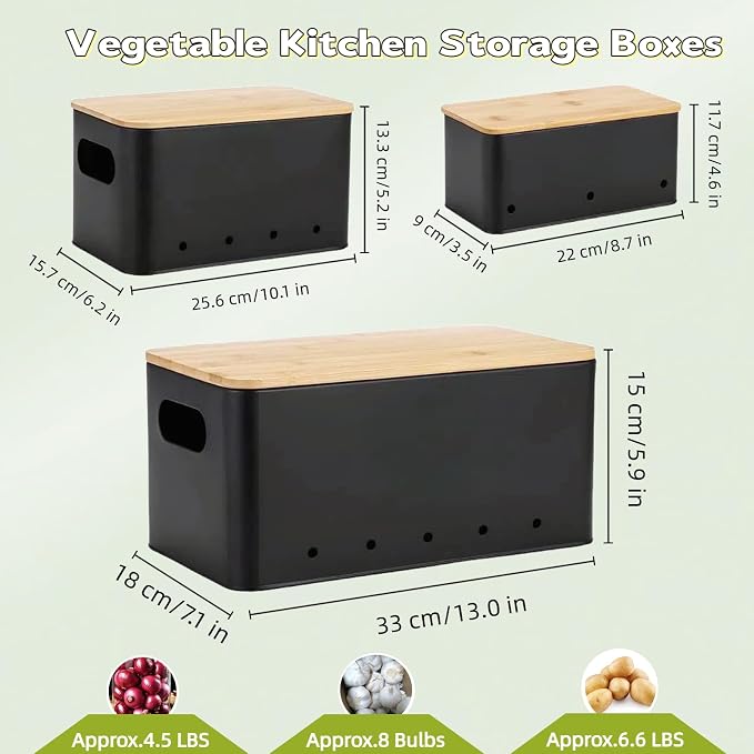 Modern kitchen storage container, stacked metal storage box, 3-piece set with wooden lid design, onion, garlic, potato metal cans, breathable storage box (Black)