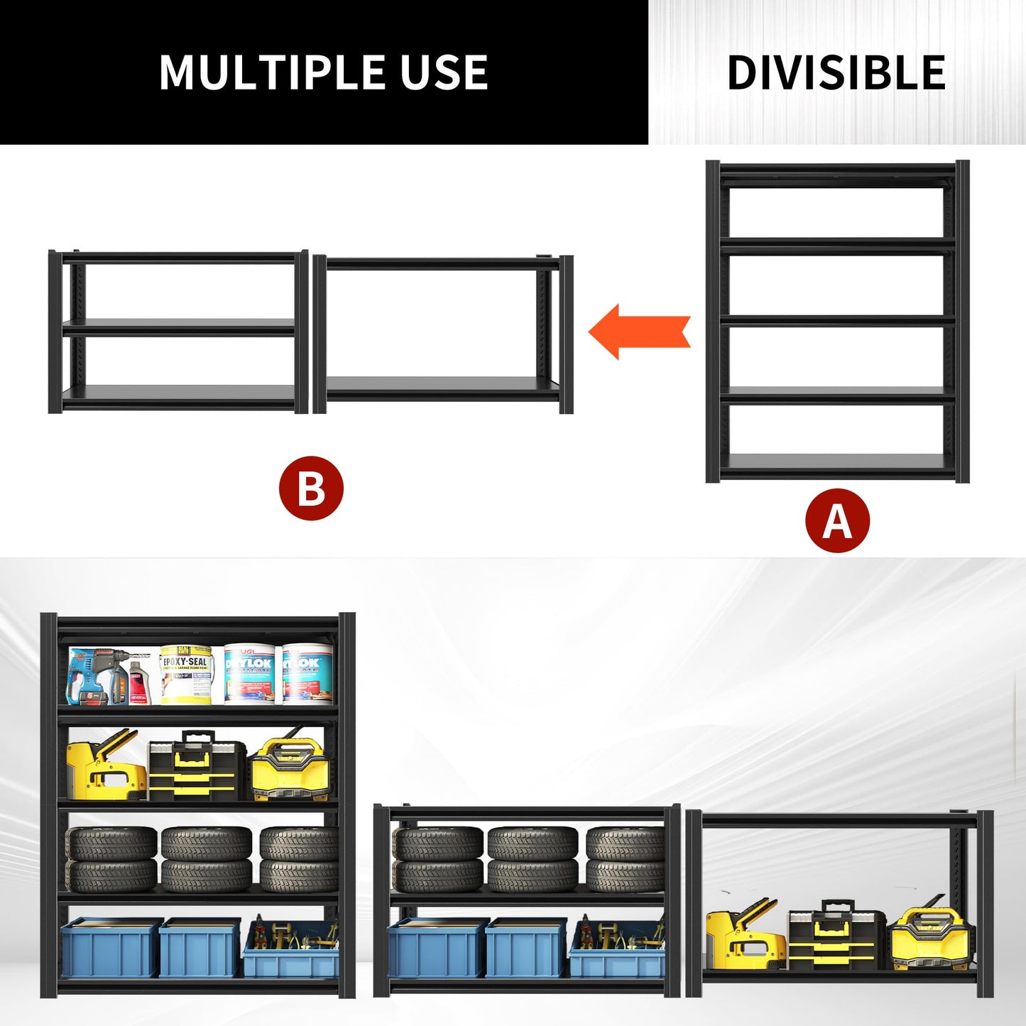 EKJ 72" H Garage Shelving 2500 LBS Heavy Duty Storage Shelves, Adjustable 5 Tier Metal Shelving Unit, Metal Racks for Storage, Utility Shelves for Workshop, Basement, Home Office 72" H*35.4"W*15.7"D