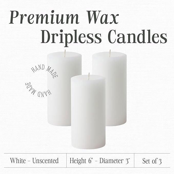 Mister Candle Dripless Unscented Pillar Candles, Set of 3 Hand Poured White Solid Color Non-Scented Candles for Home Decor, Premium Wax, 80 Hr Burn Time, 3x6 Inch