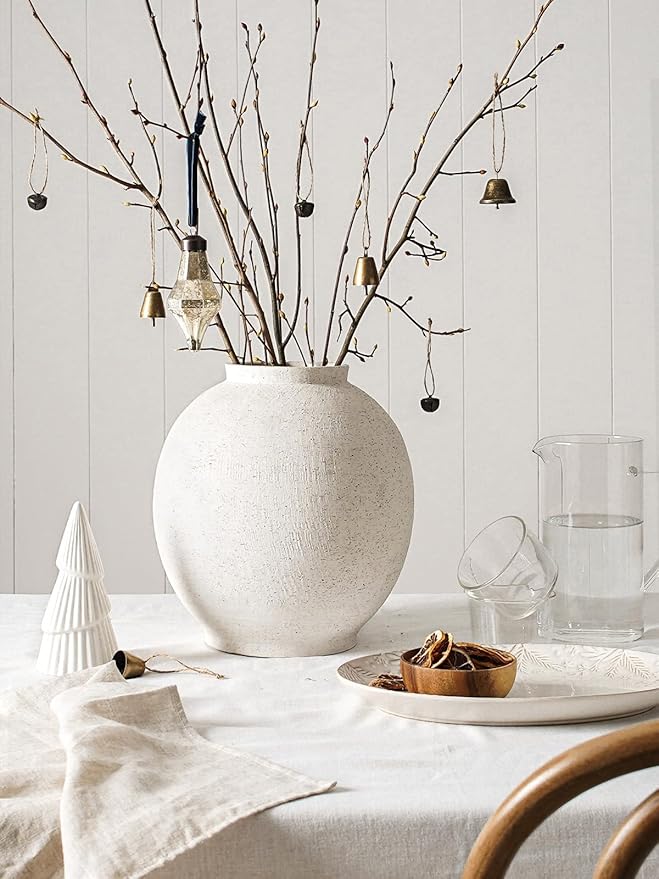 White Ceramic Vase - Large 10.8 Inch Round Floor Vase for Centerpieces, Farmhouse Flower Vases, Rustic Minimalist Home Decor (Sandstone White)