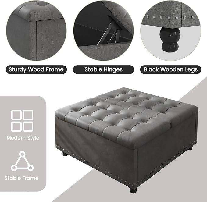 FUXA 35 Inch Large Square Ottoman with Storage, Oversized Ottoman Coffee Table with Lift Top and Wood Legs, Tufted Upholstered Storage Ottoman Bench for Living Room (Gray)
