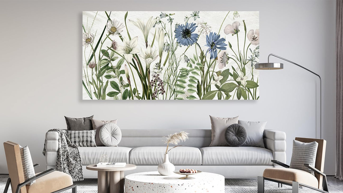 NINEASO Botanical Canvas Wall Art - Wildflower Pictures Floral Wall Decor Nature Prints Green Blue Flower Plants Painting Artwork for Living Room Bedroom Home Office Decorations 20" x 40"