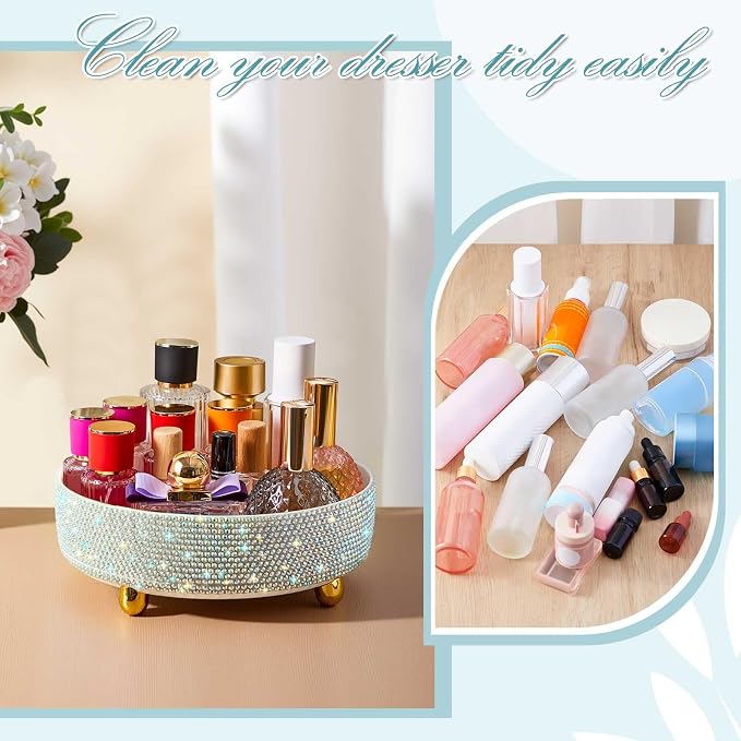 Honeydak 360 Rotating Perfume Organizer Gift for Women, Rhinestone Preppy Skincare Organizer Bathroom Counter Makeup Holder Skincare and Perfume Storage for Cosmetic(1 Tier,Resin Diamond,AB Color)