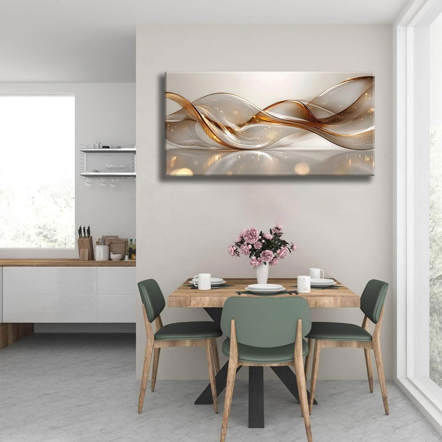 Modern Large Living Room Canvas Wall Art Gold Abstract Lines Decor painting Pictures Transparent Wave Neutral Posters Prints for Bathroom Bedroom Office Hallway Home Decoration