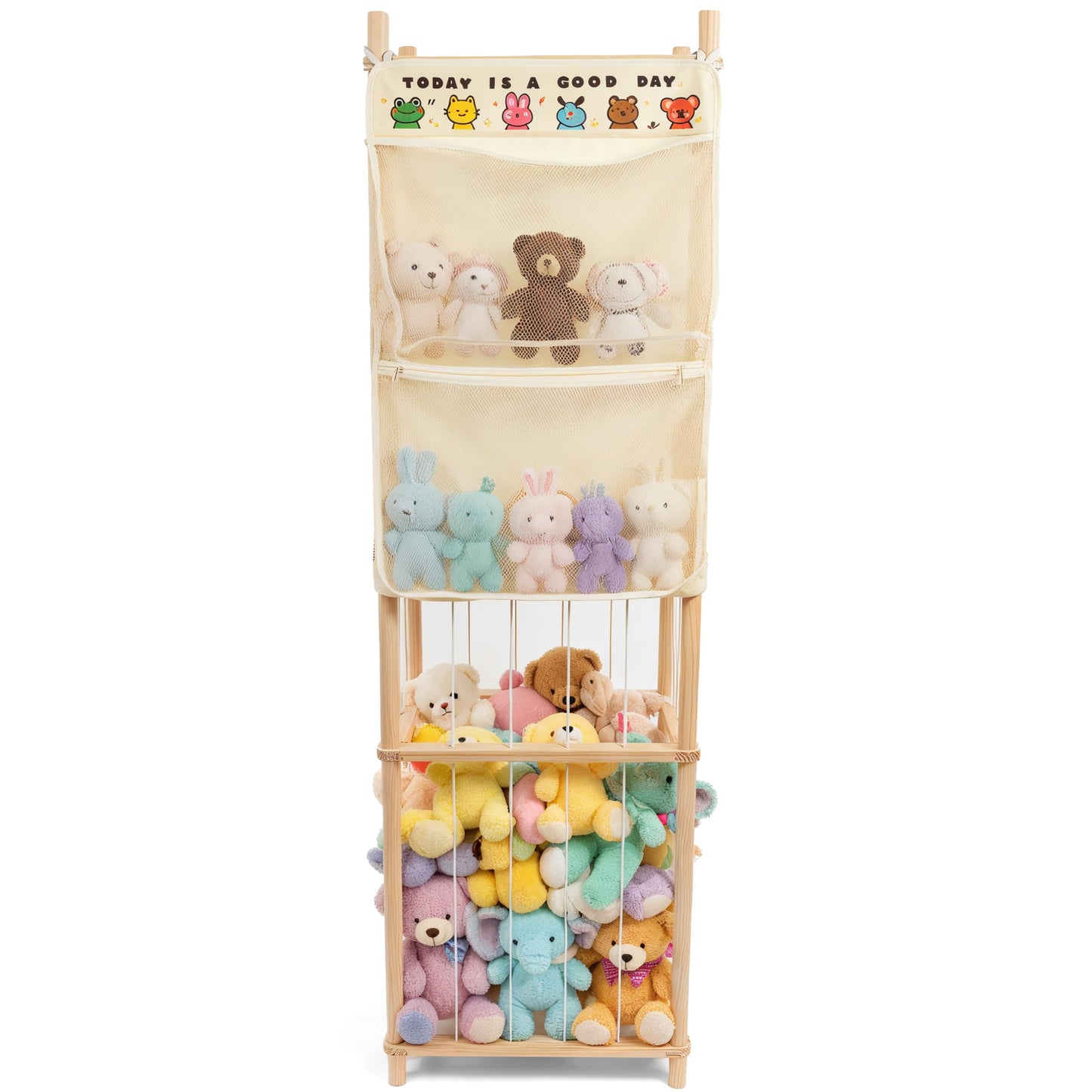 54-Inch Tall Stuffed Animal Storage Organizer - Premium Wooden Plush Toy Holder Zoo, Large Toy Storage Tower with Elastic Rope & Side Storage Bag for Kids Room, Nursery, Playroom, Corner (Sprinoak)