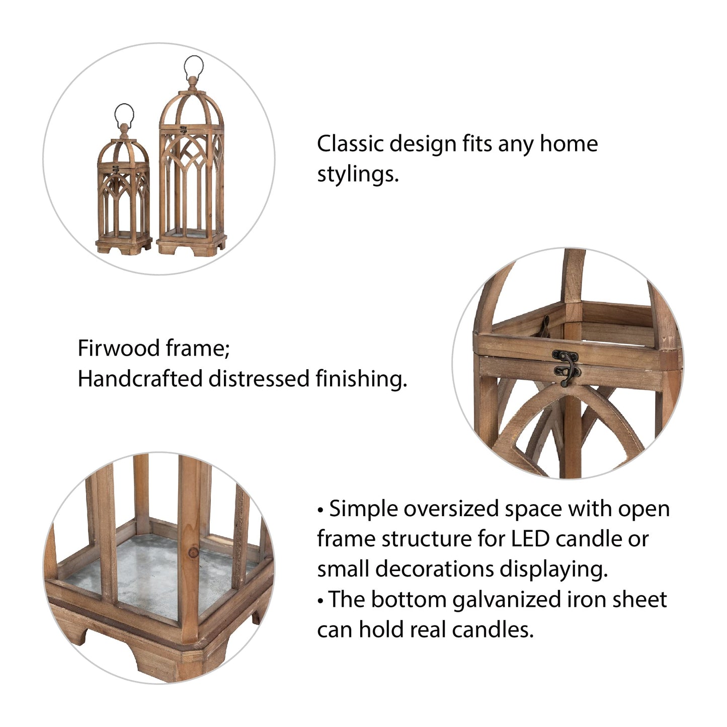 Glitzhome Farmhouse Decorative Lanterns Wooden Candle Lantern Church Window Frame Lanterns for Wedding Mantle Entryway Home Patio Balcony Garden, Pack of 2, Natural, No Glass