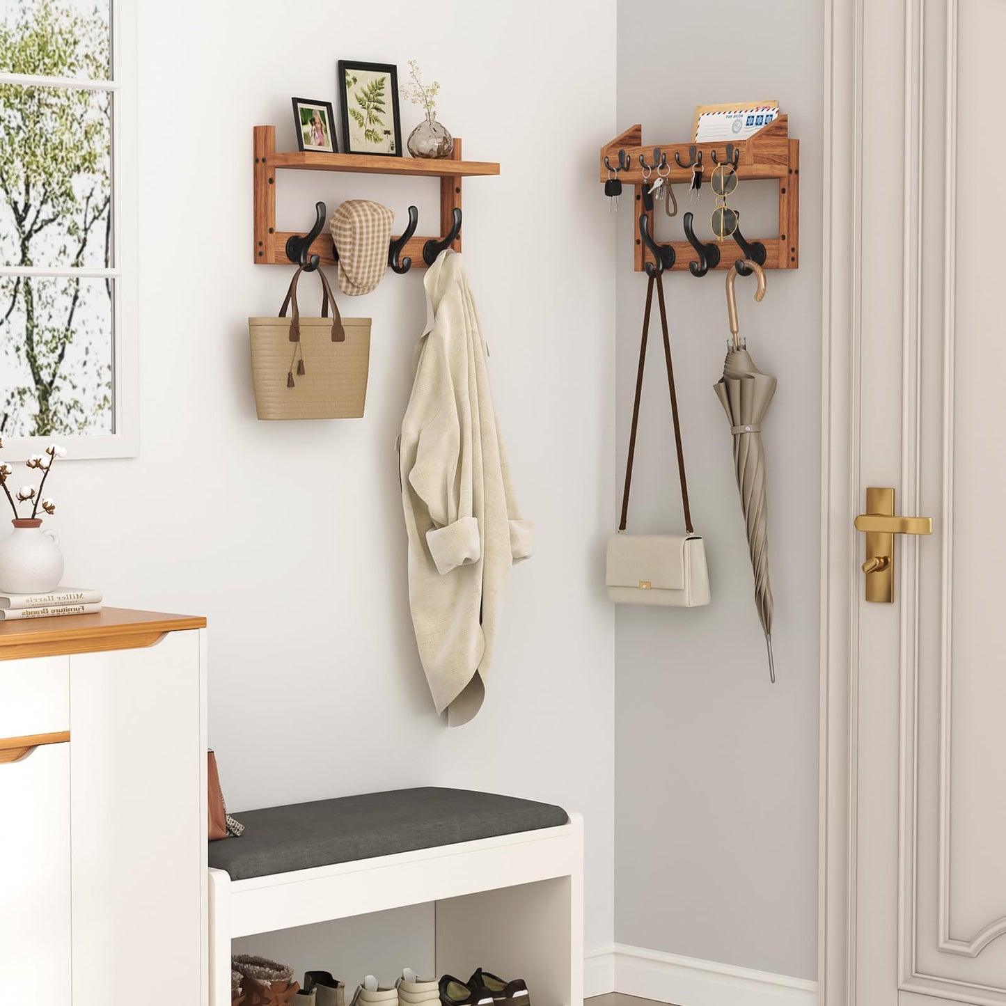 Evermagin 29" Coat Rack Wall Mount with Shelf, 4 in 1 Wall Mounted Coat and Key Hanger with 11 Hooks, Entryway Key Holder with Mail Holder for Living Room, Bedroom