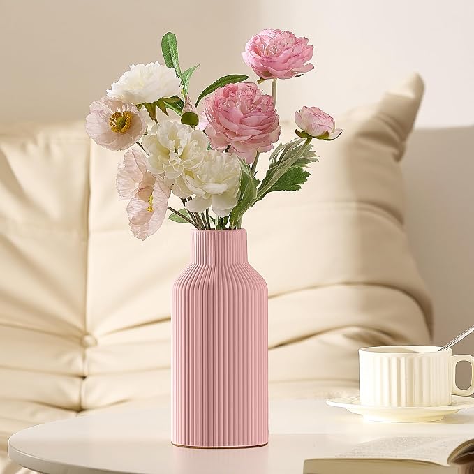 Mfacoy Ceramic Flower Vase, Minimalist Decor, Modern Home Decorative Vase, 8 in Small Pampas Grass Vases For Kitchen, Bedroom, Office, Living Room, Bathroom, Shelf Centerpiece Table Decorations (Pink)
