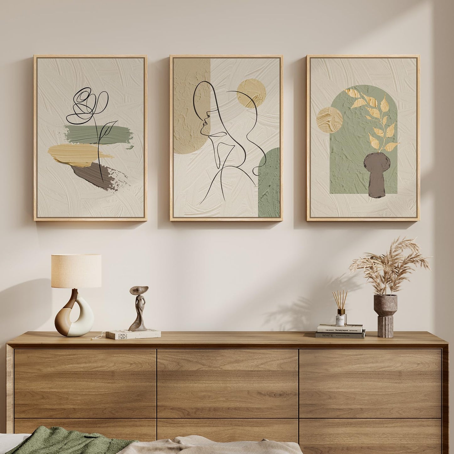 Framed Abstract Boho Wall Art for Bedroom, Set of 3 Large Neutral Canvas Prints Paintings, Modern Minimalist Line Face Botanical Picture Artwork Decor for Living Room Hallway 16x24 Inch