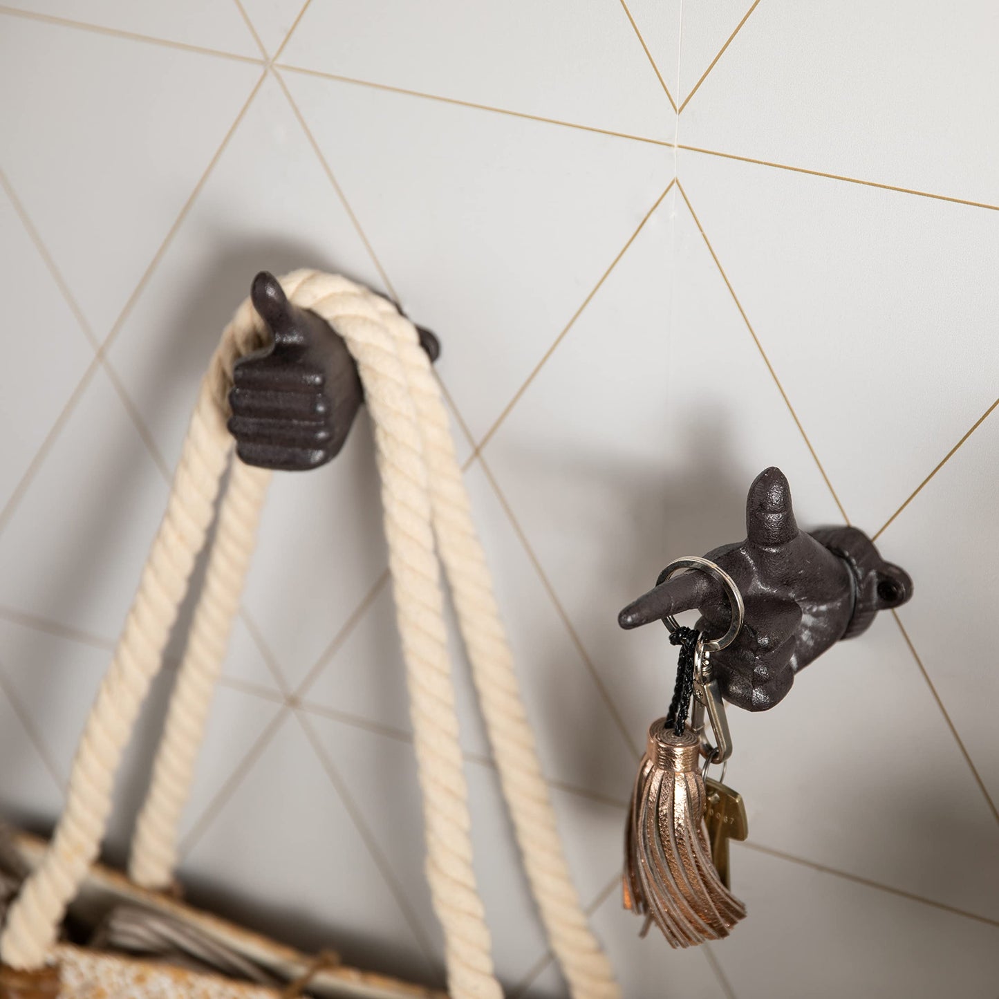 Danya B. "Thumbs up & Pointing Finger" Dark Brown Cast Iron Wall Mount Hook Set (Set of 2), Entryway Hooks or Unique Room Decor for Hanging Coats, Purses, Scarves, or Keys