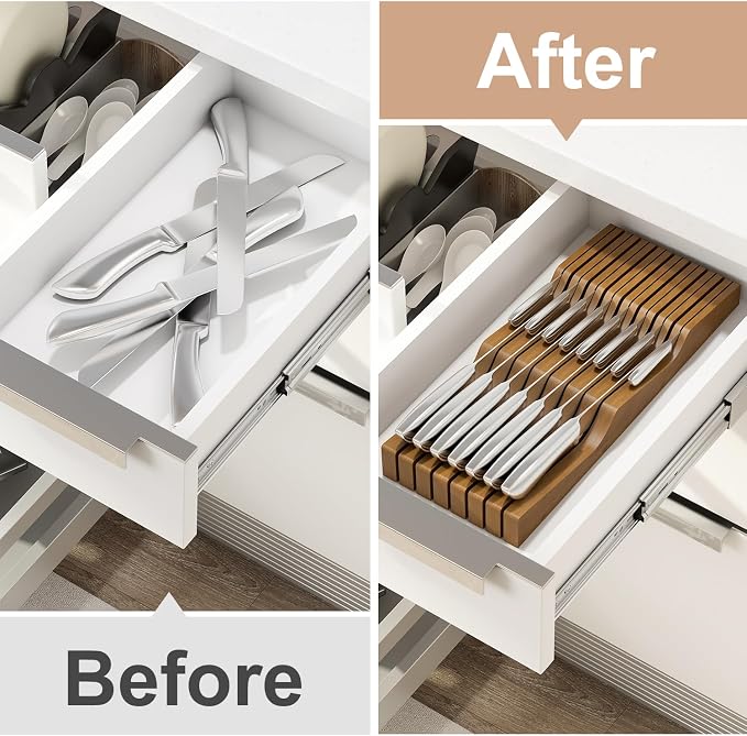 In-Drawer Knife Block Organizer - Bamboo Wood Drawer Knife Organizer-Protecting Knife Organizer Block (Not Included) (Brown, 15 Knives Dock)