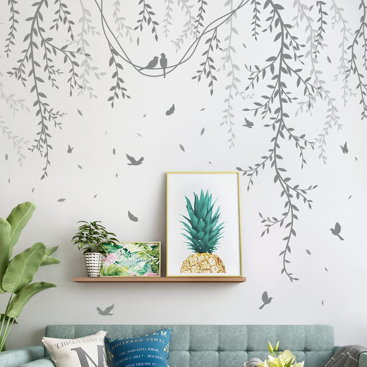 Amaonm Removable Hanging Vines Wall Stickers DIY Green Leaves Plant Grass Wall Decals Peel and Stick Flower Vine Decor for Kids Baby Girls Nursery Bedroom Living Room Offices Classroom Grey